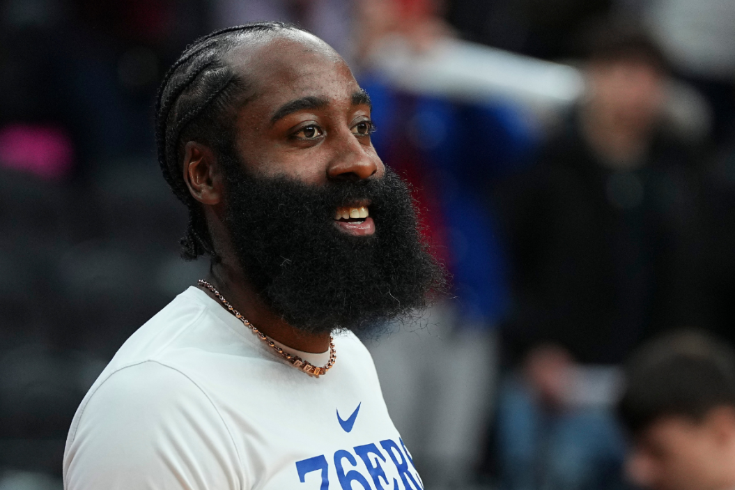 James Harden #1 of the Philadelphia 76ers smiles prior to the game against the Oklahoma City Thunder at the Wells Fargo Center