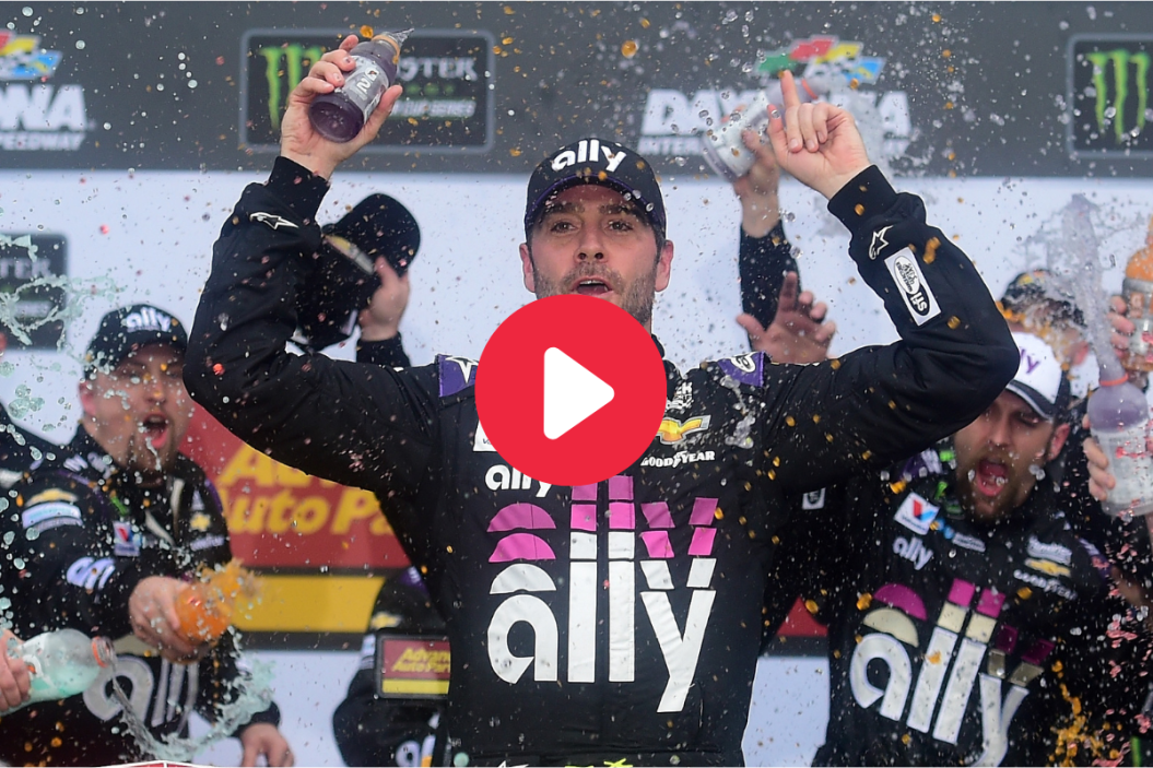 Jimmie Johnson celebrates in victory lane after winning the 2019 Advance Auto Parts Clash at Daytona International Speedway