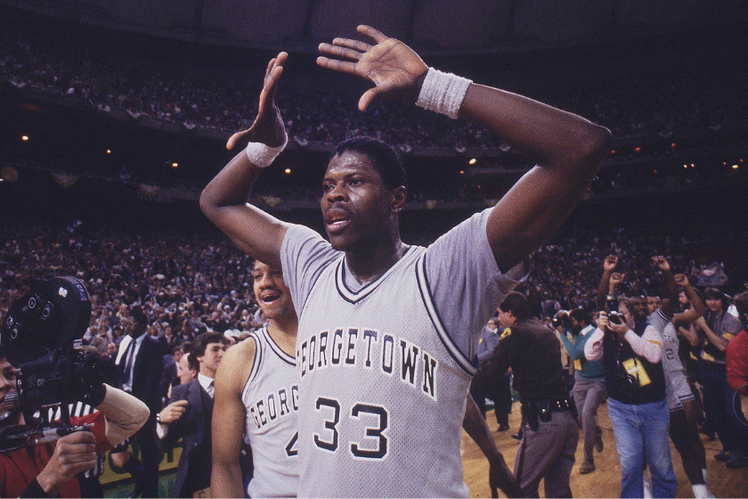 Georgetown center Patrick Ewing celebrates winning the 1984 national championship.