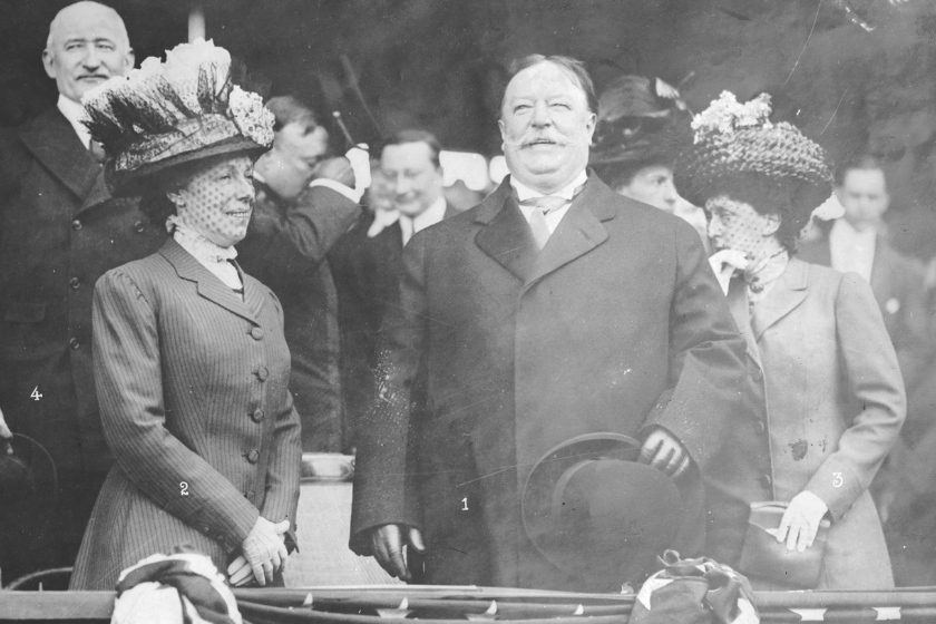 William Howard Taft (1857 - 1930) the 27th President of the United States of America (1904 - 1913) with his wife Helen (1861 - 1943) at a baseball match in New York.