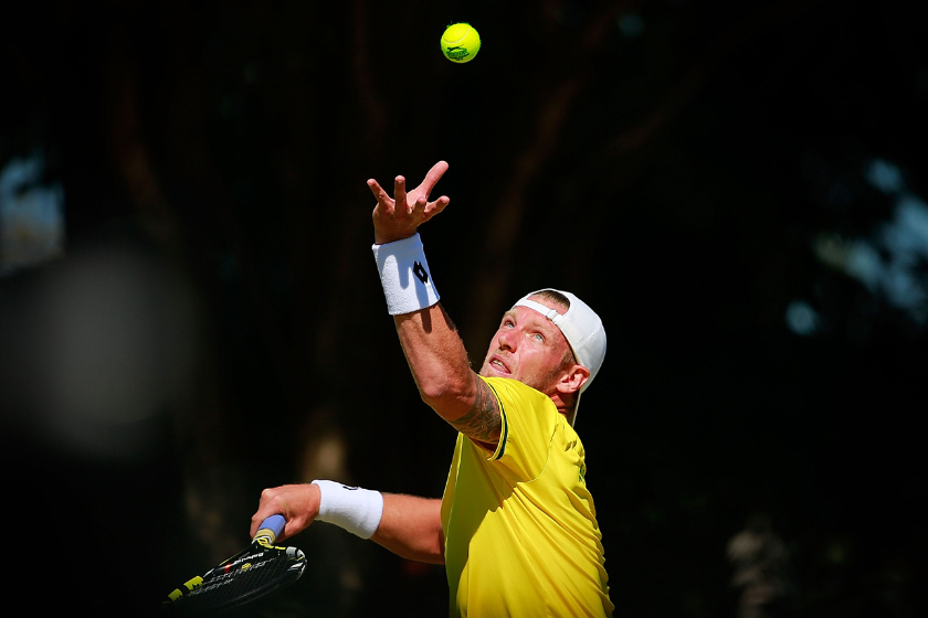 Sam Groth begins his serve at the 2015 Davis Cup