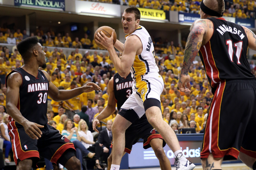 Tyler Hansbrough grabs a rebound in the NBA playoffs