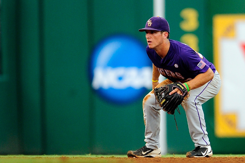 Alex Bregman waits for the ball to come his way as the shortstop for the LSU Tigers.