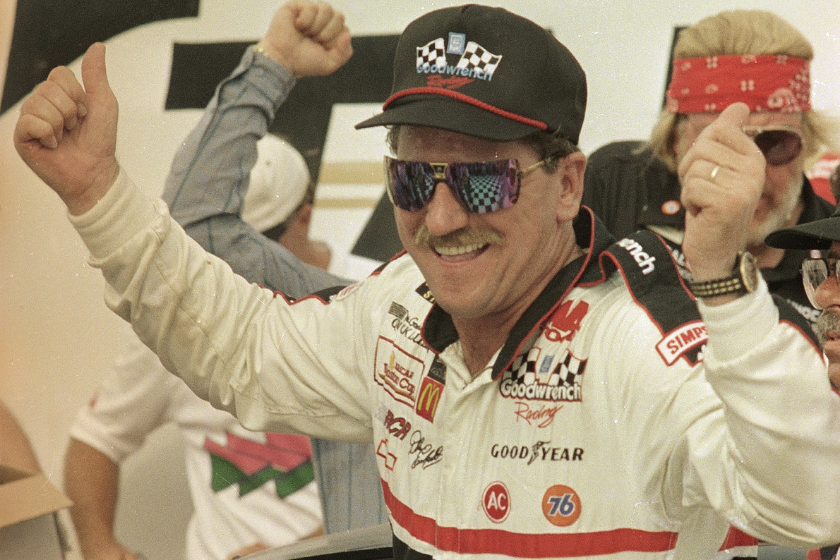 Dale Earnhardt celebrates after winning 1993 DieHard 500 at Talladega Superspeedway
