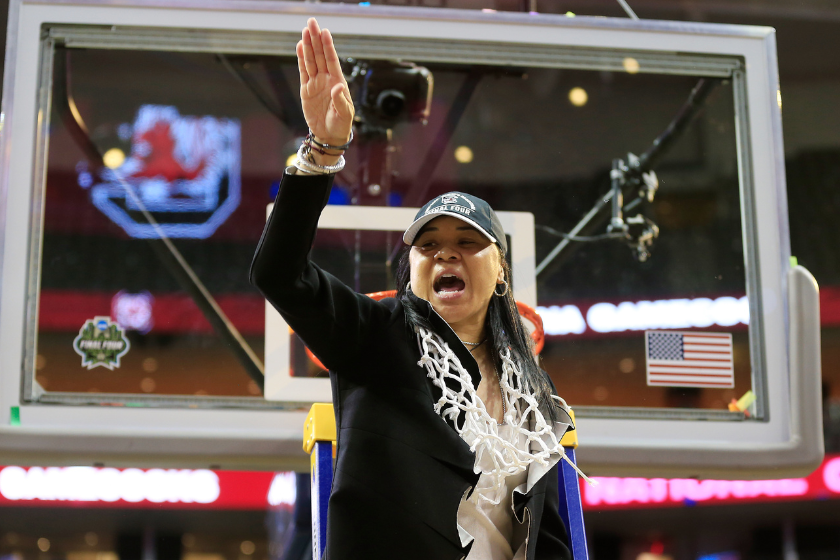  Head coach Dawn Staley of the South Carolina Gamecocks cuts down the net after her teams championship win over the Mississippi State Lady Bulldogs after the championship game of the 2017 NCAA Women's Final Four