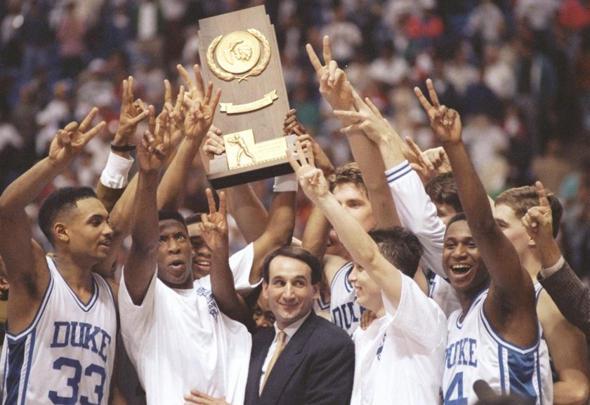 The Duke Blue Devils celebrate a victory during the NCAA Final Four tournament in 1992.