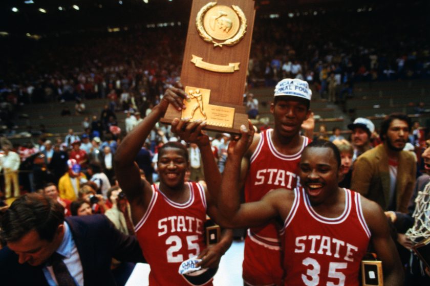 NC State players celebrate their championship win in 1983.