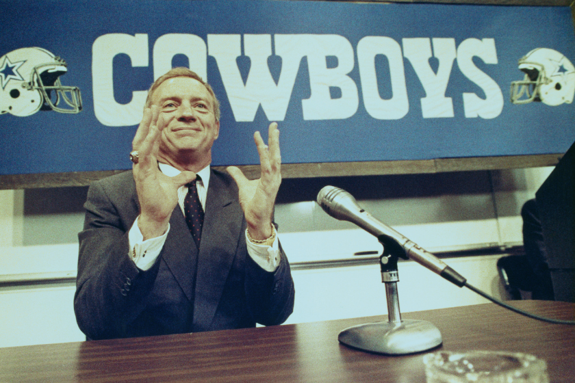  Jerry Jones holds a press conference at the Dallas Cowboys headquarters 2/25 evening during which he told those gathered that his former college roommate and teammate at Arkansas Jimmy Johnson