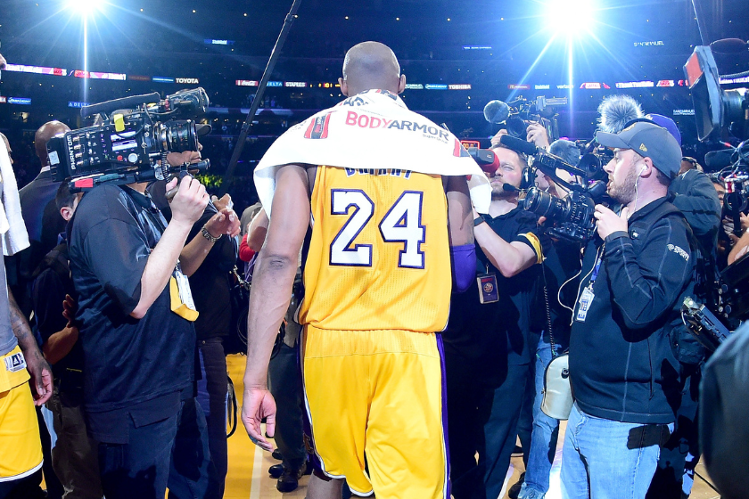 Kobe Bryant #24 of the Los Angeles Lakers walks towards the tunnel after scoring 60 points against the Utah Jazz at Staples Center 