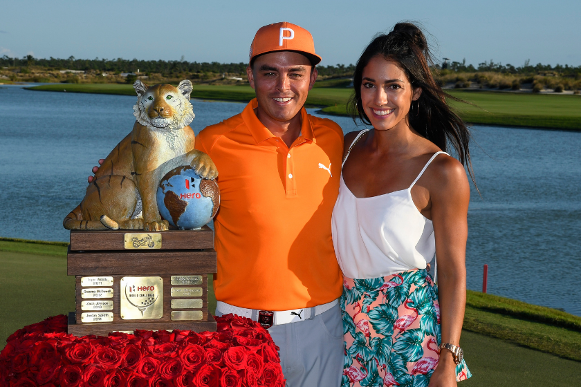 Rickie Fowler and Allison Stokke with the Hero World Challenge at Albany Trophy.