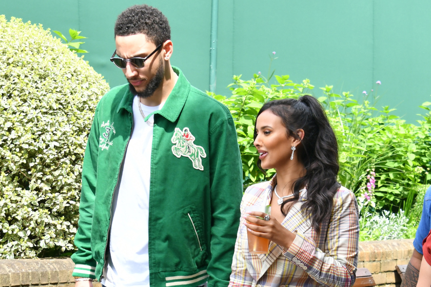 Ben Simmons (L) and Maya Jama attend day 8 of Wimbledon 2021 at All England Lawn Tennis and Croquet Club