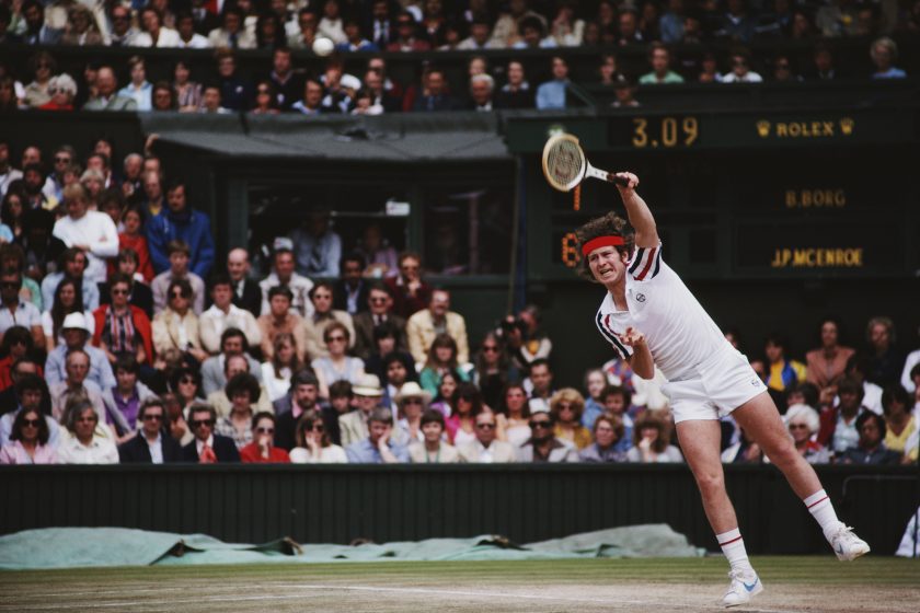 John McEnroe serves during the Men's Singles Final match against Bjorn Borg at the Wimbledon Lawn Tennis Championship in 1980.