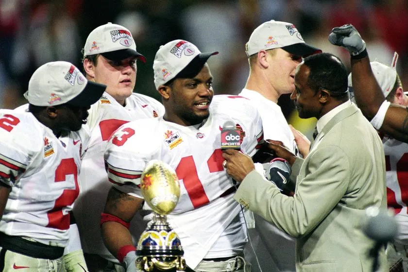 Maurice Clarett is interviewed after the Buckeyes defeated Miami University during the National Championship Fiesta Bow in 2003.