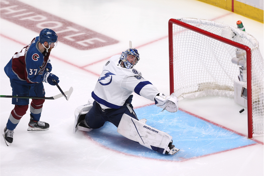 The Colorado Avalanche score the game-winning goal against the Tampa Bay Lightning in Game 1 of the 2022 Stanley Cup Finals.