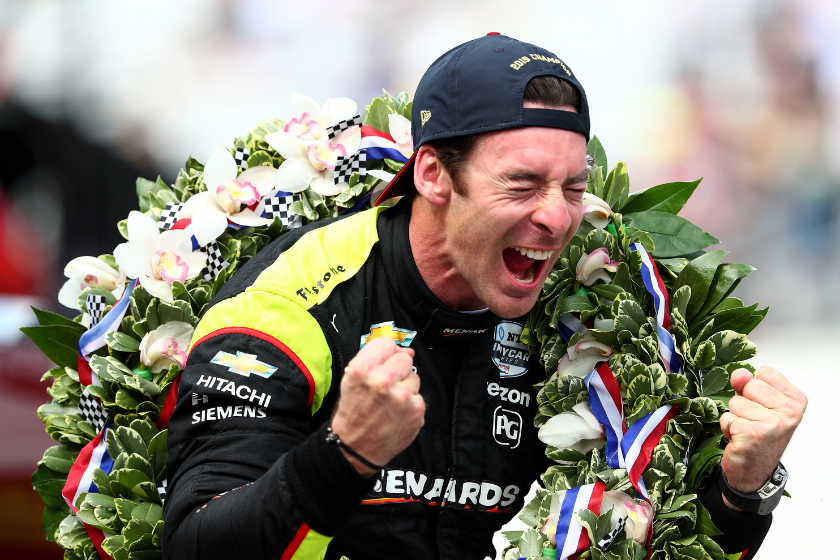 Simon Pagenaud celebrates winning the 2019 Indy 500