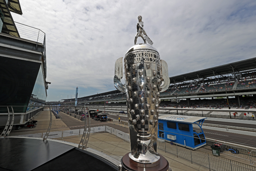 The Borg Warner Trophy on display during qualifications for 2021 Indy 500