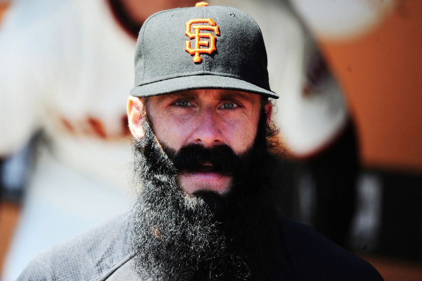 Brian Wilson looks on during a San Francisco Giants game