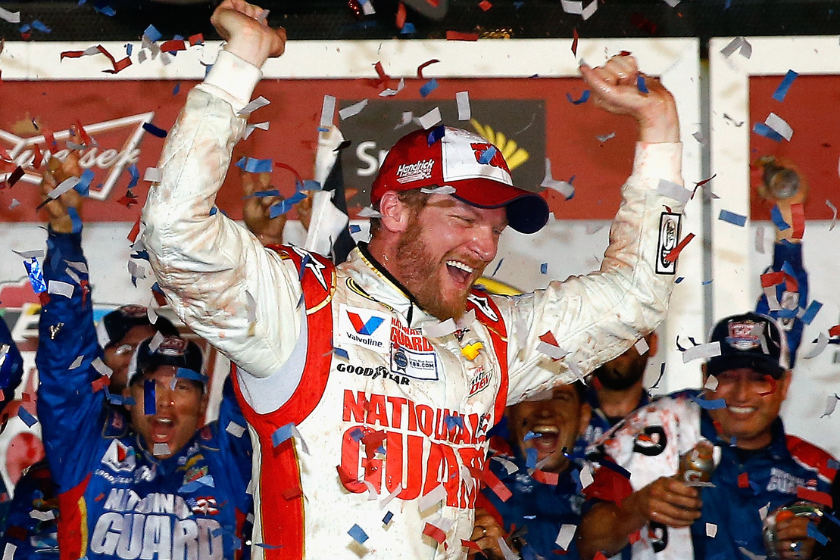 Dale Earnhardt Jr celebrates in Victory Lane after winning during the 2014 Daytona 500