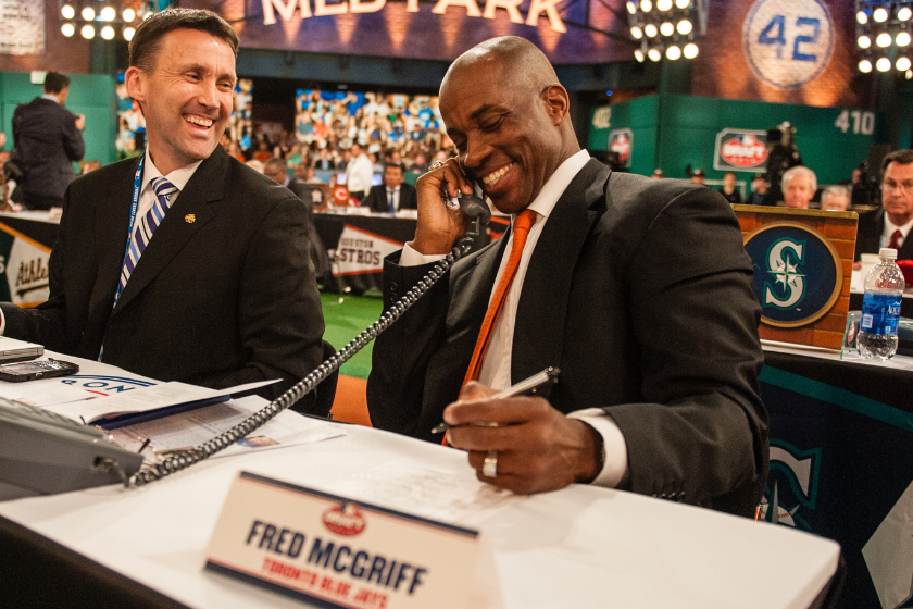 Toronto Blue Jays representatives Jay Stenhouse and Fred McGriff are seen during the 2013 First-Year Player Draft at MLB Network's Studio 42