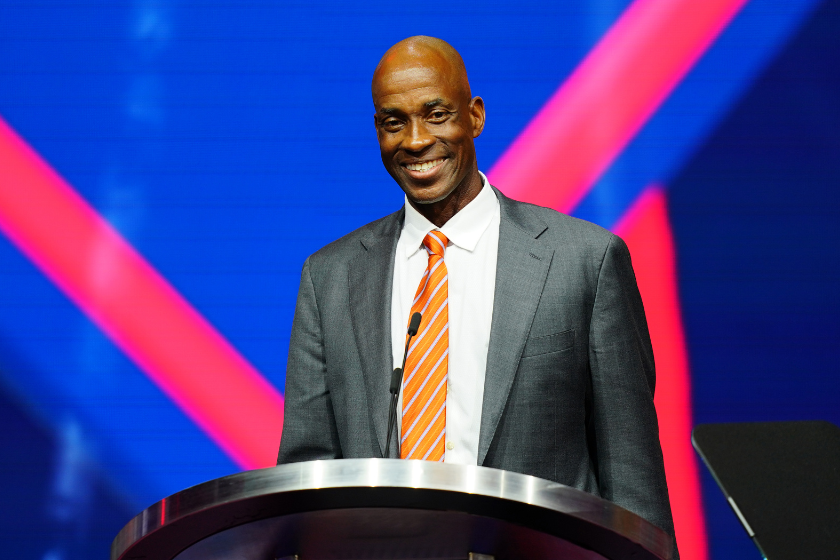 Club representative Fred McGriff announces a draft pick for the Atlanta Braves during the 2022 Major League Baseball Draft