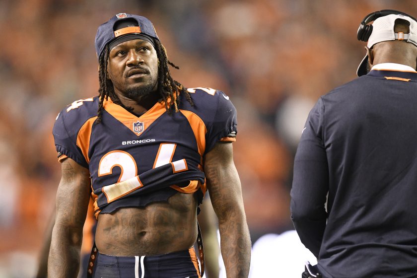 Pacman Jones looks on during a Broncos 2018 game.