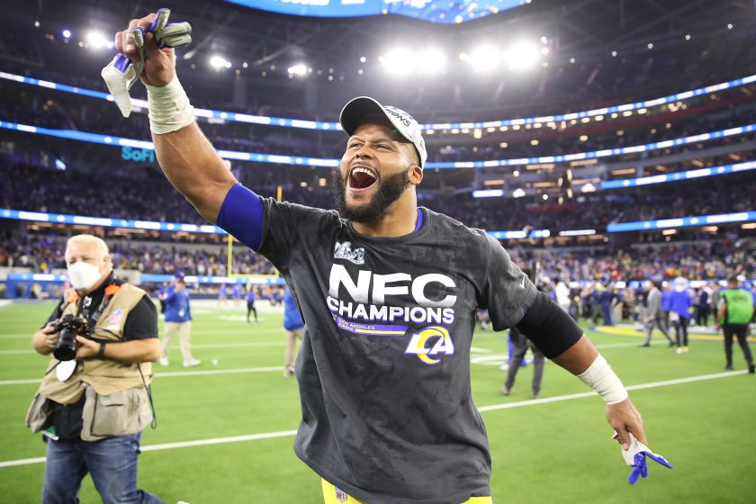 Aaron Donald reacts after defeating the San Francisco 49ers in the NFC Championship Game at SoFi Stadium on January 30, 2022.
