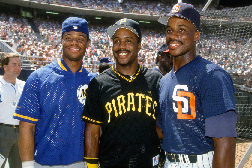 Ken Griffey Jr #24 of the Seattle Mariners, Barry Bonds #24 of the Pittsburgh Pirates and Fred McGriff #19 of the San Diego Padres poses together for this portrait during batting practice prior to the 1992 Major League Baseball All-Star game