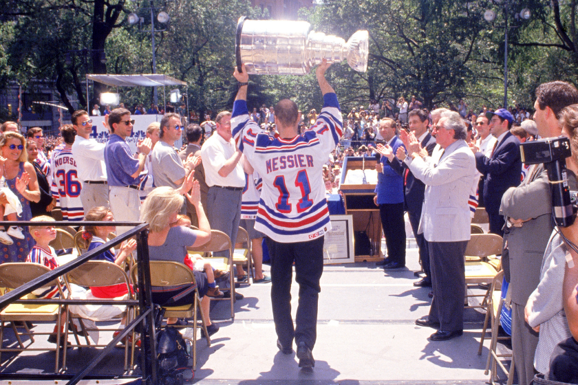 Mark Messier presents the Stanley Cup during a ceremony in New York City.