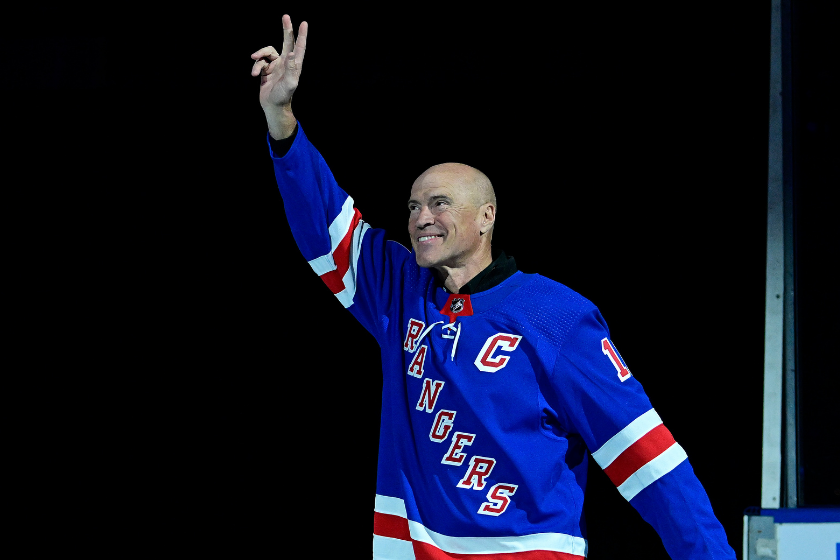 Mark Messier is introduced during a Rangers pregame ceremony.