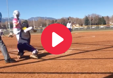 Softball Catcher Drills Batter on Stolen Base Throw