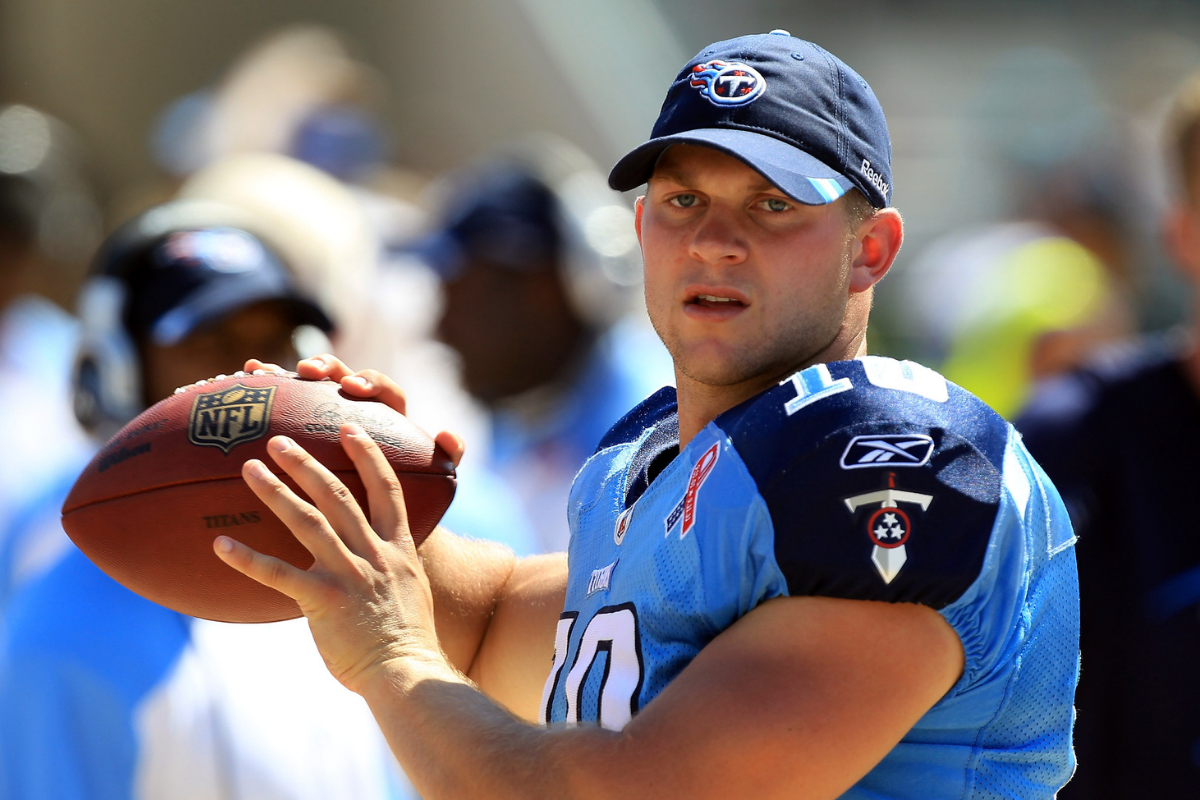 Jake Locker warms up before a Tennessee Titans game.