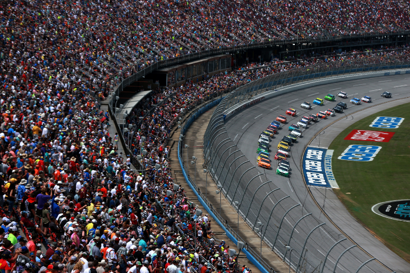 view of fans and stock cars at 2019 geico 500 at talladega superspeedway