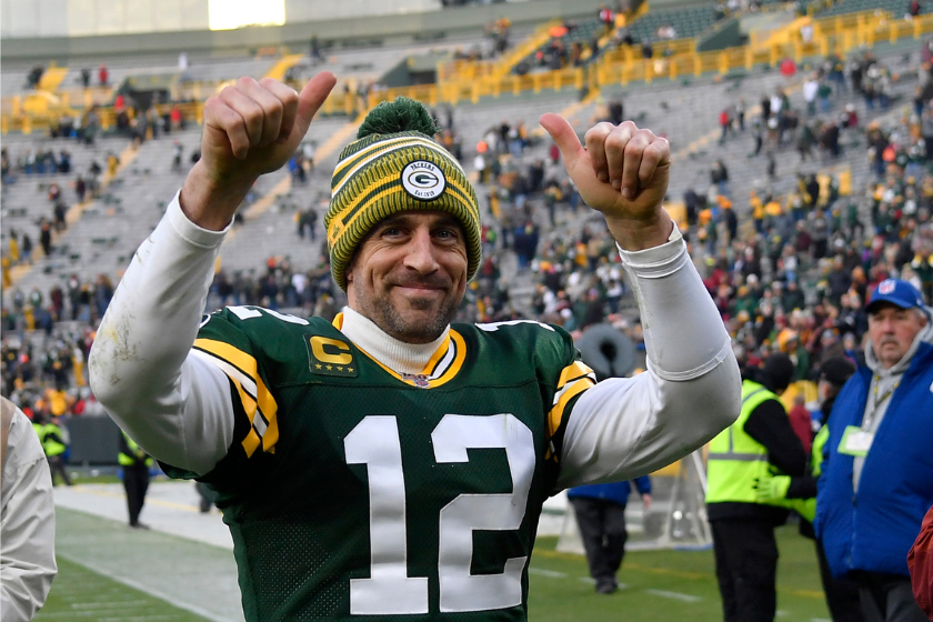 Green Bay Packers quarterback Aaron Rodgers celebrates a 2019 win over the Washington Redskins.