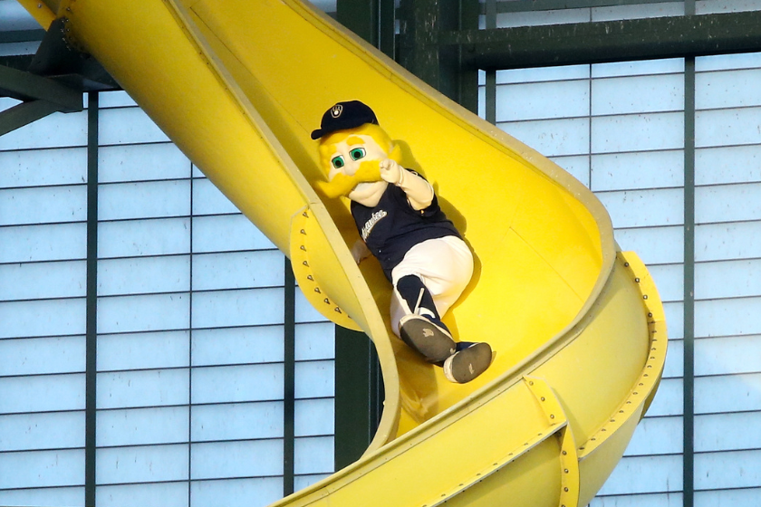 Bernie Brewer slides down from his Chalet after a Brewers home run