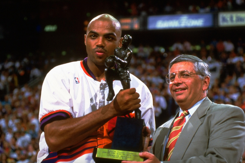 Charles Barkley receives the 1993 NBA MVP Award from NBA Commissioner David Stern.