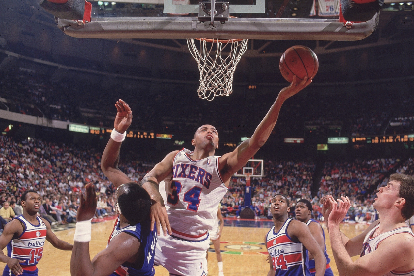 Charles Barkley goes up for a layup against the Washington Bullets.