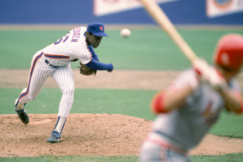 Doc Gooden of the New York Mets delivers the pitch during a 1985 season game at Shea Stadium