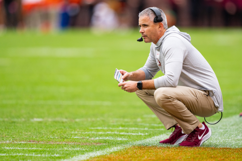 Head coach Mike Norvell of the Florida State Seminoles looks on against the Clemson Tigers