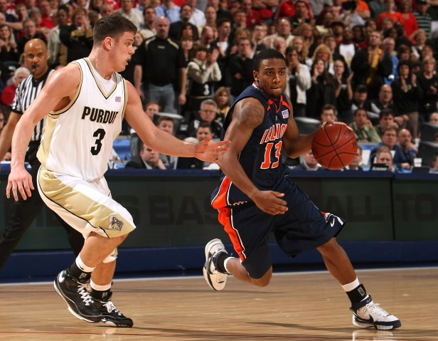 Illinois guard Jeff Jordan drives in a Big Ten matchup against Purdue.