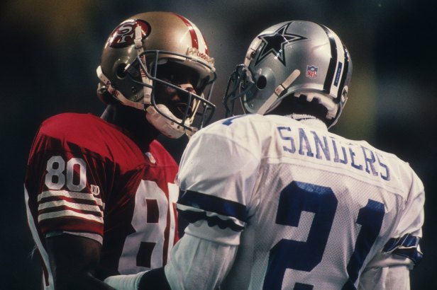 Deion Sanders and Jerry Rice Talking in 1995