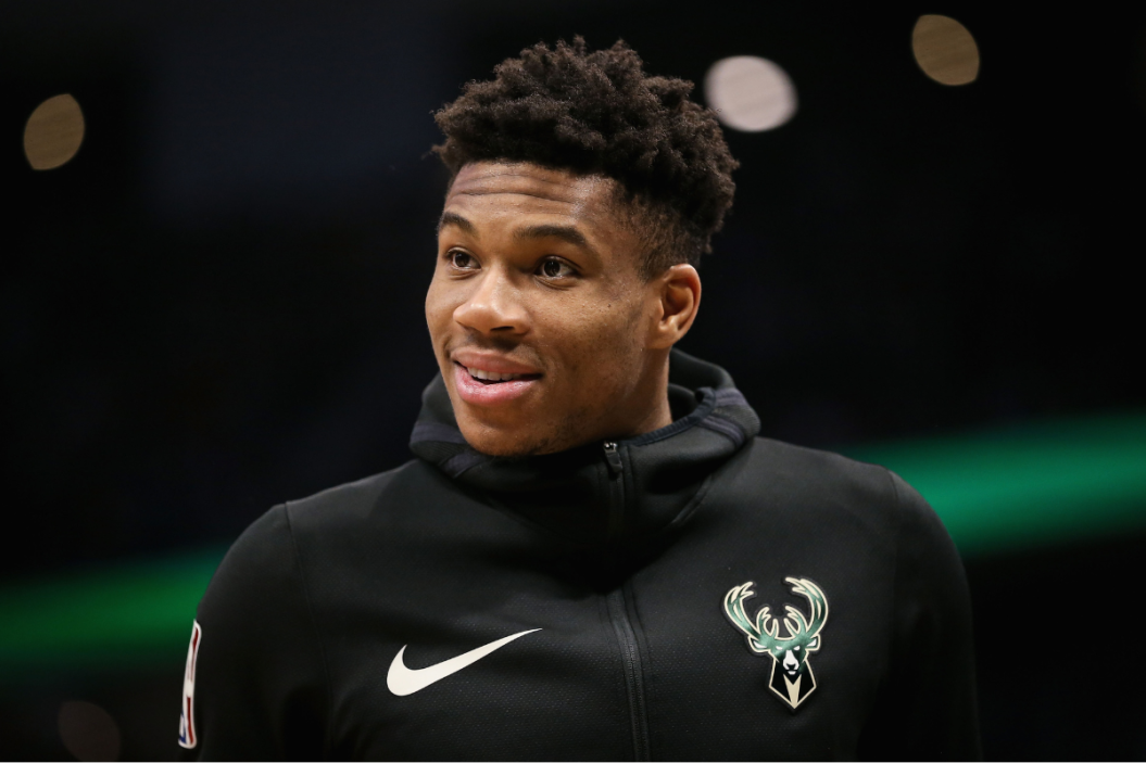 iannis Antetokounmpo #34 of the Milwaukee Bucks looks on in the third quarter against the Los Angeles Lakers at the Fiserv Forum