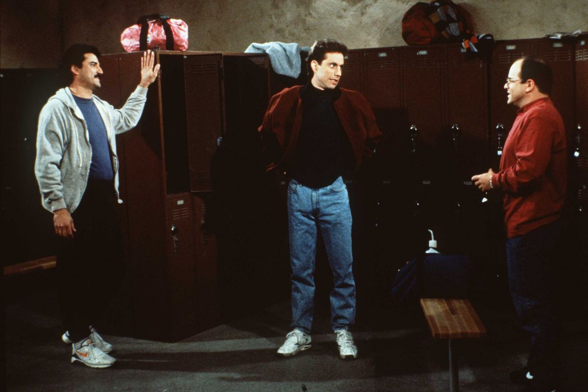 Keith Hernadez, Jerry Seinfeld and Jason Alexander on the set of Seinfeld.