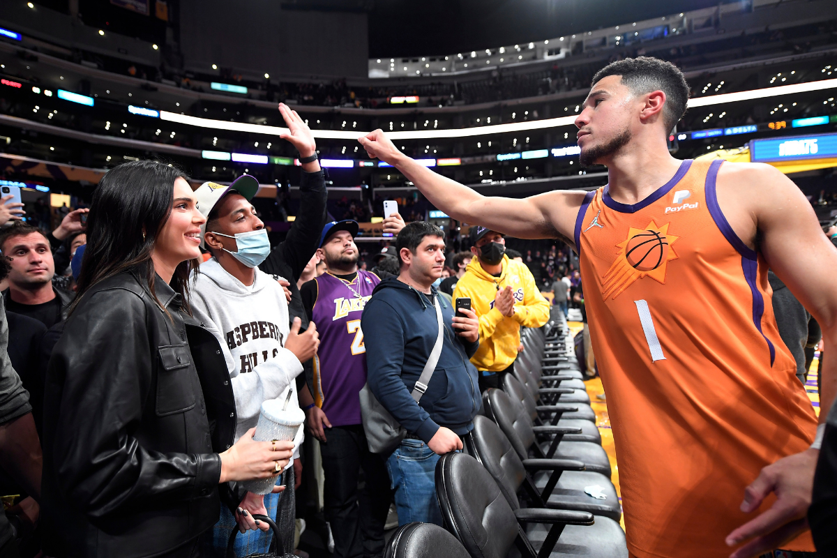 Kendall Jenner congratulates Devin Booker after the Phoenix Suns beat the Los Angeles Lakers in October 2021.