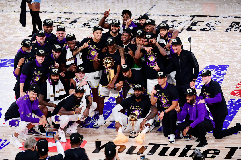 The Los Angeles Lakers celebrate winning the 2020 NBA Finals.