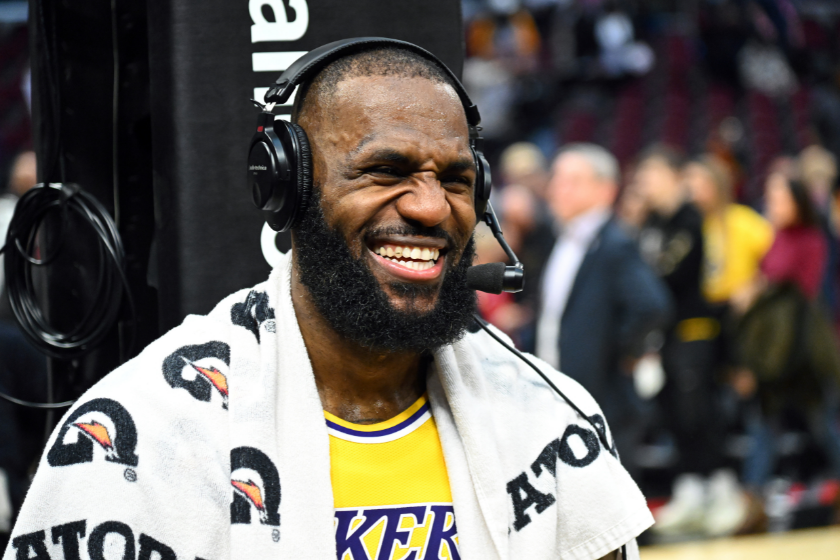 LeBron James gives a postgame interview after a matchup with the Cleveland Cavaliers in 2022.