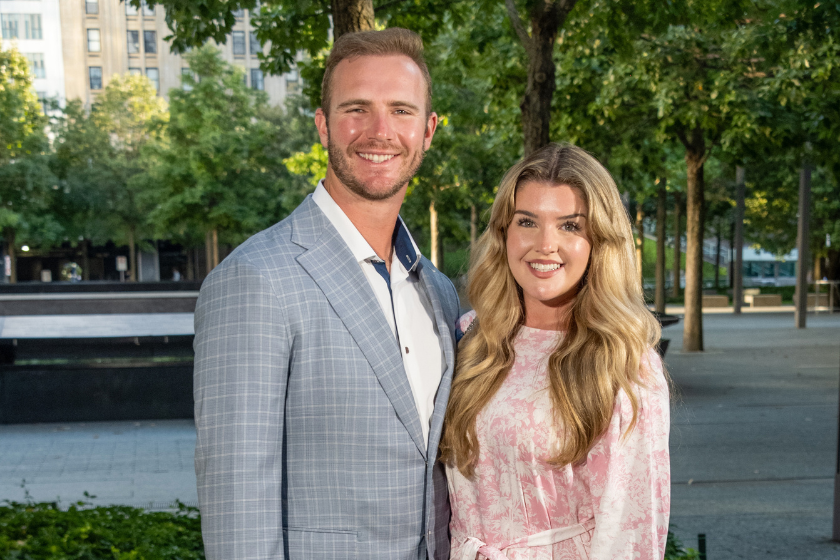 Pete Alonso and Haley Walsh attend the unveiling ceremony for '9/11: A Time of Remembrance' by artist Charles Fazzino at The National 9/11 Memorial & Museum.