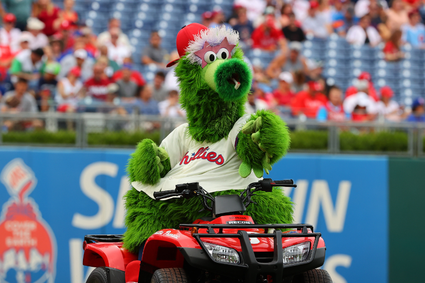 The Phillie Phanatic looks for their next unsuspecting victim at a Phillies home game.