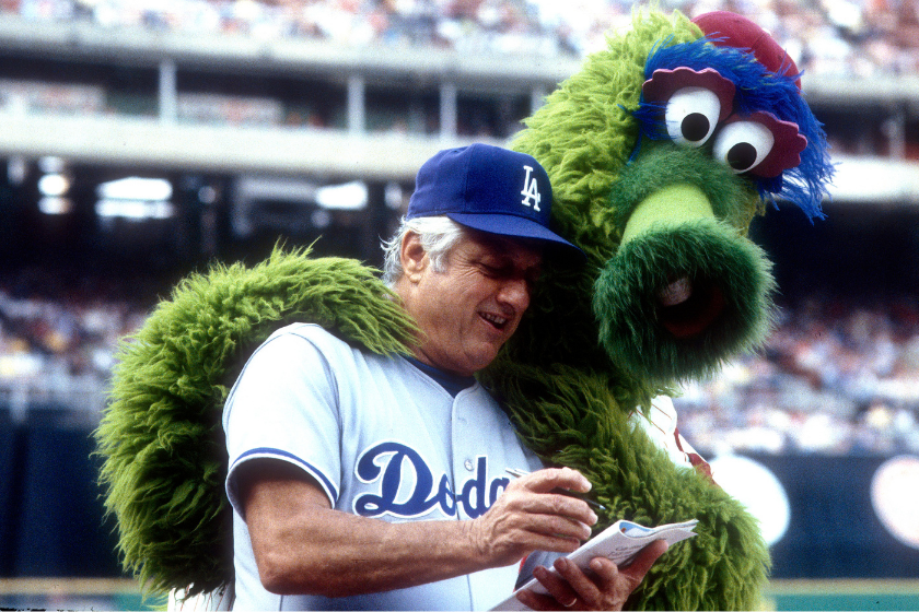 The Phillie Phanatic looks of Tommy Lasorda's lineup card.