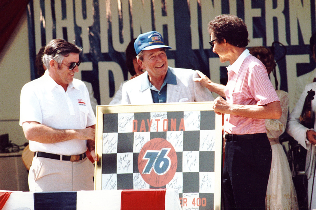 President Ronald Reagan with Richard Petty at the 1984 Firecracker 400 at Daytona. Bobby Allison looks on.
