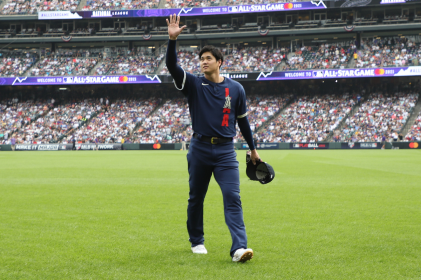 Shohei Ohtani waves to the crowd at the 2021 MLB All-Stat Game in Denver Colorado